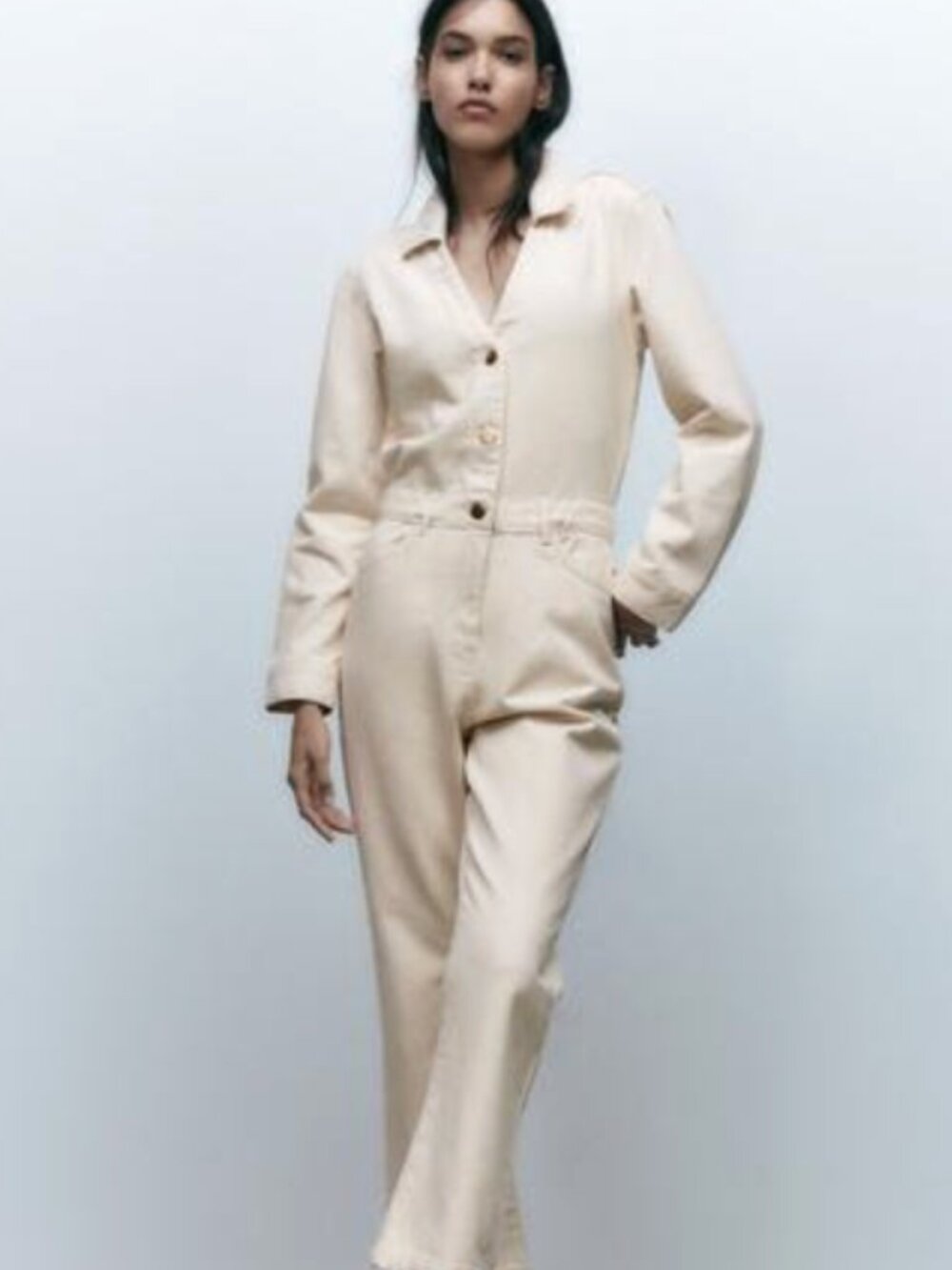 Zara Gold Button Denim Jumpsuit, Cream/Off-White, Small